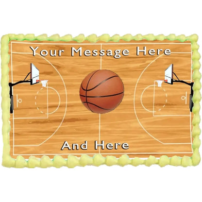 Basketball Court Edible Icing Sheet Cake Topper, on a yellow frosted sheet cake.
