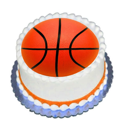 Basketball Edible Icing Cake Topper, on a round cake with blue frosting.