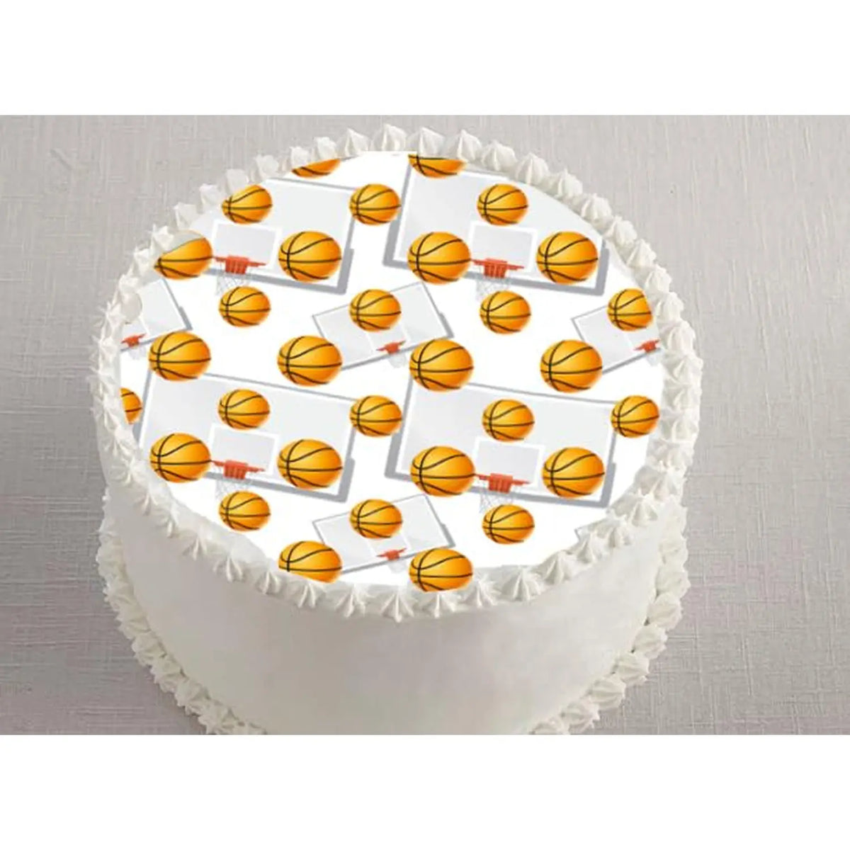 Basketball Game Edible Icing Cake Topper, on a white frosted cake.