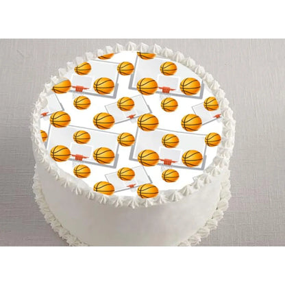 Basketball Game Edible Icing Cake Topper, on a white frosted cake.