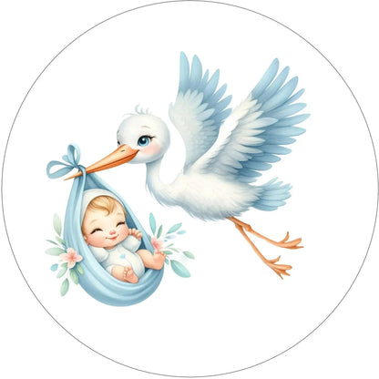 Precut 8-inch round edible icing image featuring blue stork carrying a baby boy, shown flat