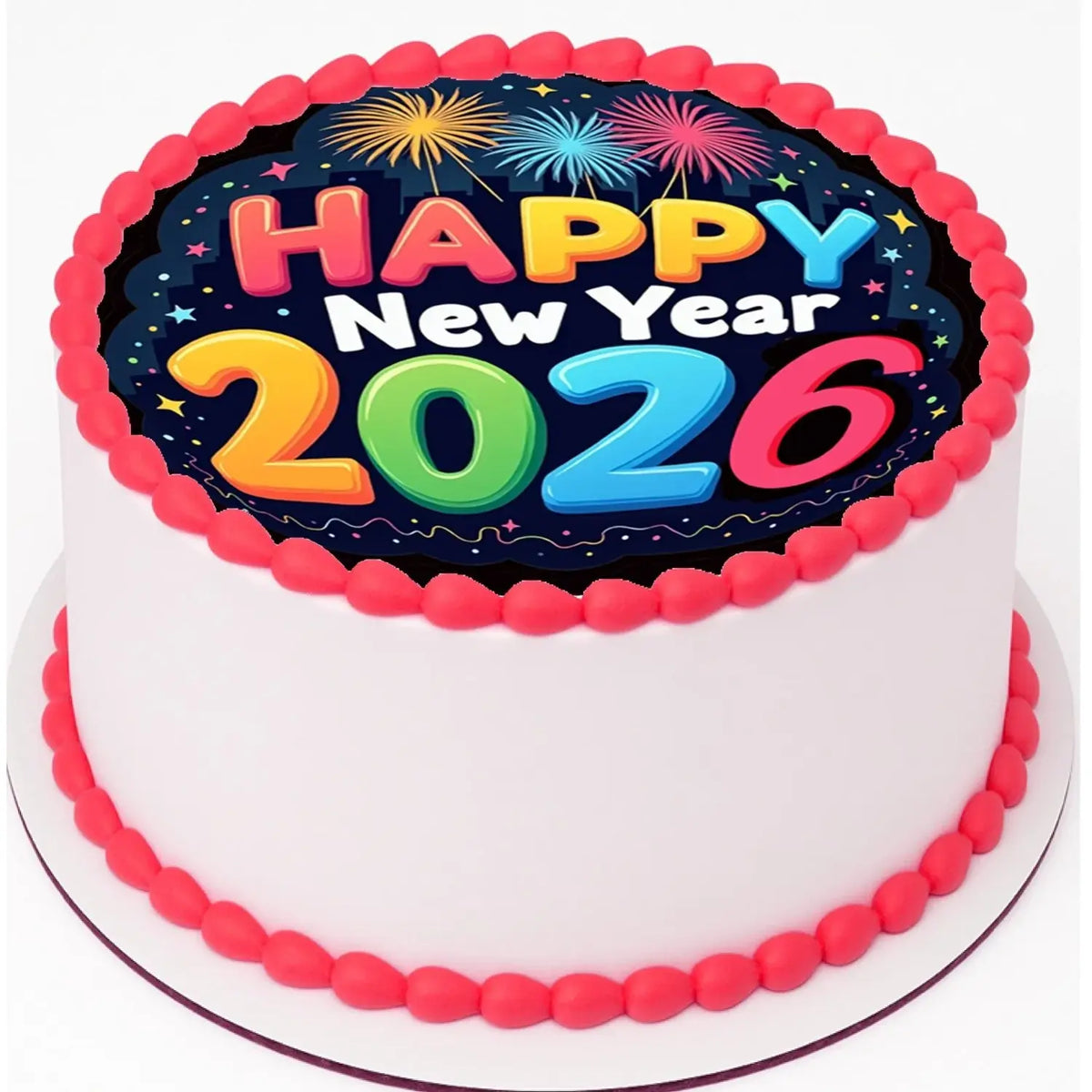 New Year's Edible Icing Cake Topper – Bright & Bold 8" Round on a round cake.