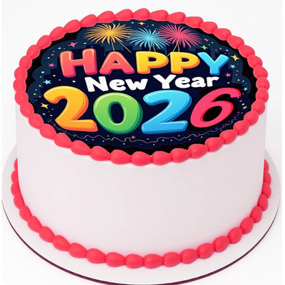 New Year's Edible Icing Cake Topper – Bright & Bold 8" Round on a round cake.