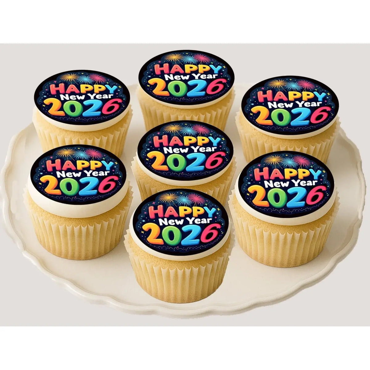 New Year's Edible Icing Cookie & Cupcake Toppers – Bright & Bold, 20 Precut on decorated cupcakes.