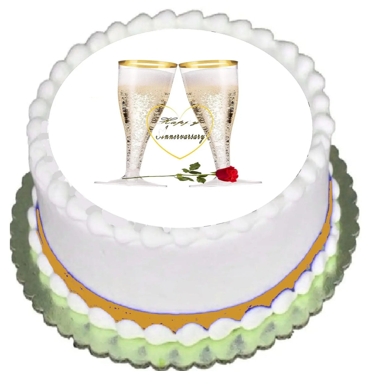 Champagne & Roses Anniversary Edible Icing Cake Topper – 8-Inch Round on a round frosted cake.