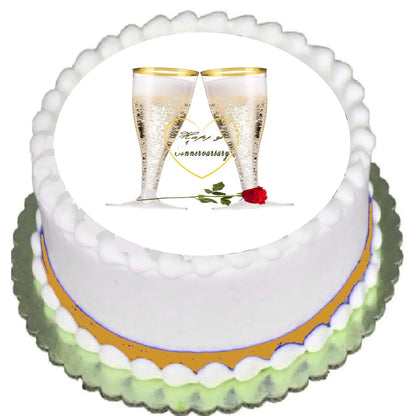 Champagne & Roses Anniversary Edible Icing Cake Topper – 8-Inch Round on a round frosted cake.