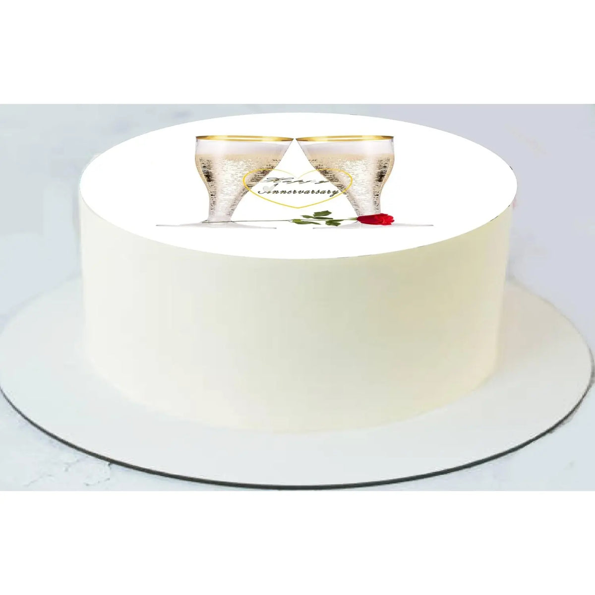 Champagne & Roses Anniversary Edible Icing Cake Topper – 8-Inch Round on a round cake.
