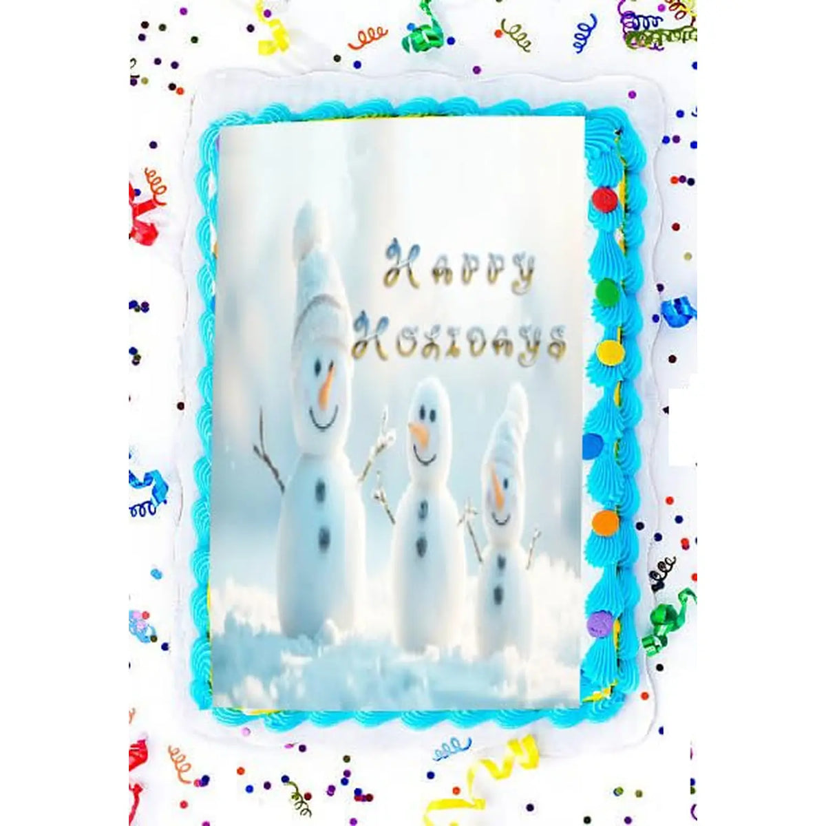 Christmas Snowmen edible icing sheet cake topper shown on a decorated sheet cake.