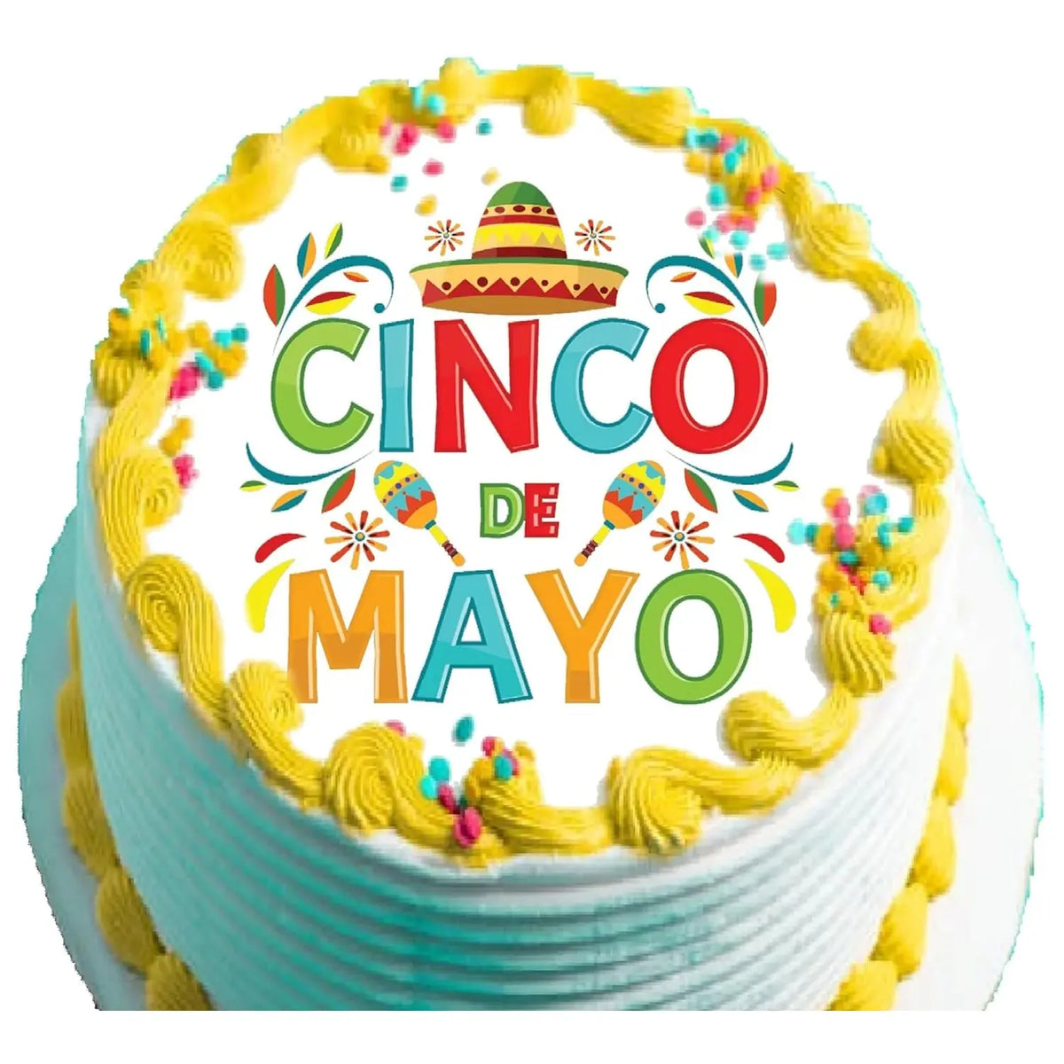 Cinco de Mayo edible icing cake topper with Cinco de Mayo lettering, on a yellow frosted cake.