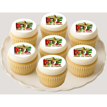 Cinco de Mayo edible icing cookie and cupcake toppers with Down to Fiesta lettering with a sombrero, on cupcakes.