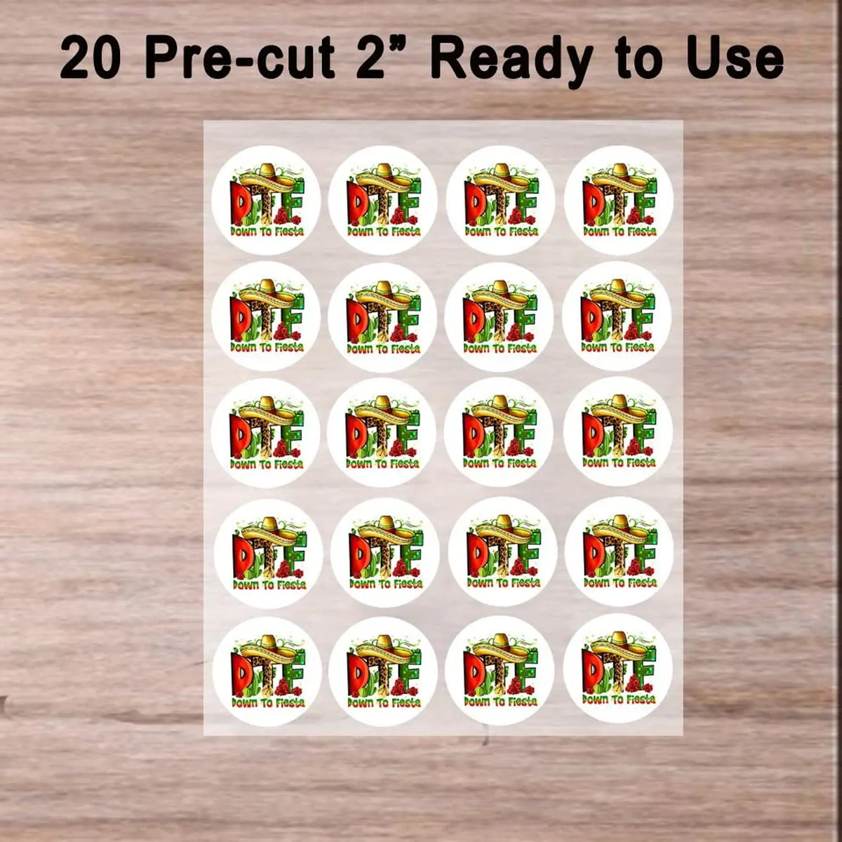 Cinco de Mayo edible icing cookie and cupcake toppers with Down to Fiesta lettering with a sombrero, sheet of 20 designs.