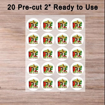 Cinco de Mayo edible icing cookie and cupcake toppers with Down to Fiesta lettering with a sombrero, sheet of 20 designs.