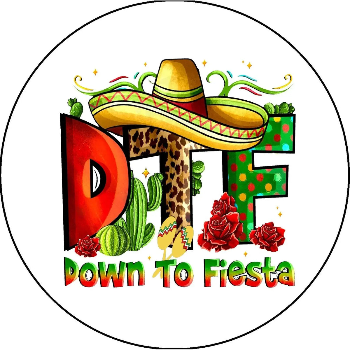 Cinco de Mayo edible icing cake topper with Down to Fiesta lettering with a sombrero, round design.