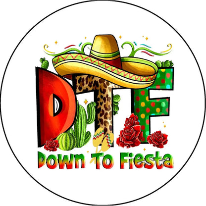 Cinco de Mayo edible icing cake topper with Down to Fiesta lettering with a sombrero, round design.