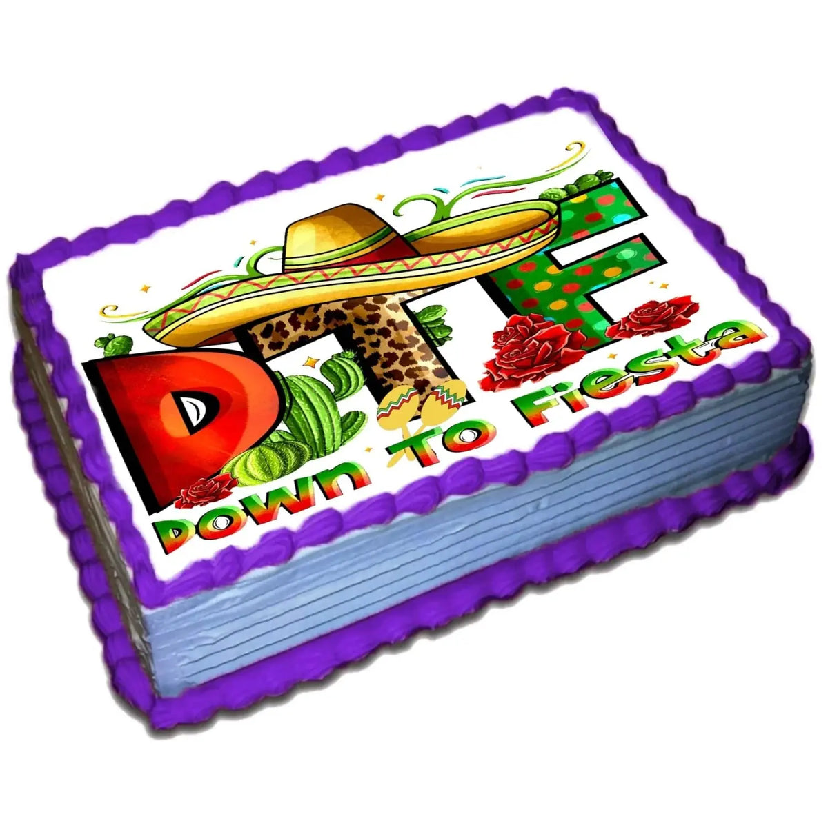 Cinco de Mayo edible icing cake topper with Down to Fiesta lettering with a sombrero, on a purple frosted sheet cake.