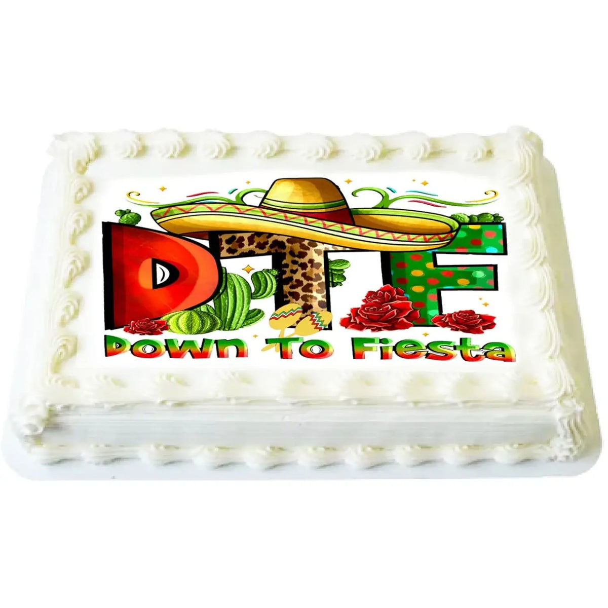 Cinco de Mayo edible icing cake topper with Down to Fiesta lettering with a sombrero, on a white sheet cake.