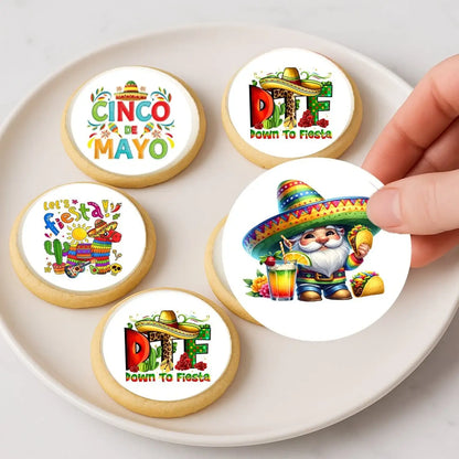 Cinco de Mayo edible icing cookie and cupcake toppers with assorted Cinco de Mayo designs, on cookies.