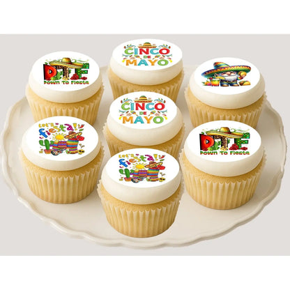 Cinco de Mayo edible icing cookie and cupcake toppers with assorted Cinco de Mayo designs, on cupcakes.