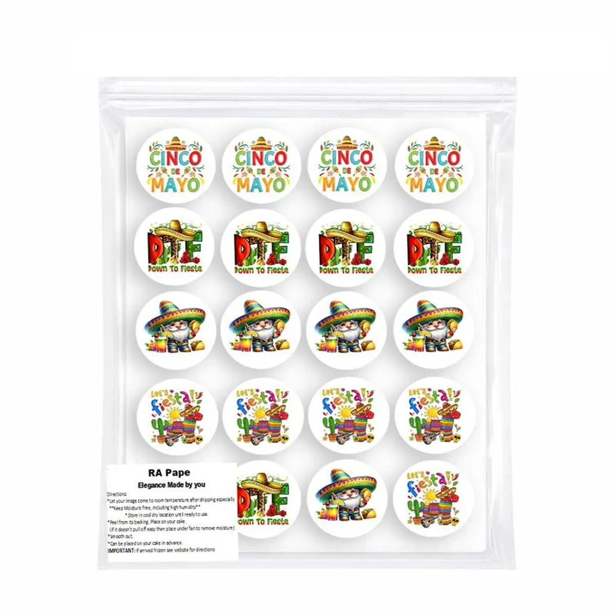 Cinco de Mayo edible icing cookie and cupcake toppers with assorted Cinco de Mayo designs, packaged topper sheet.