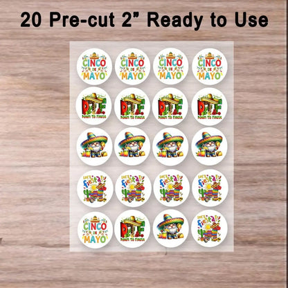 Cinco de Mayo edible icing cookie and cupcake toppers with assorted Cinco de Mayo designs, sheet of 20 designs.