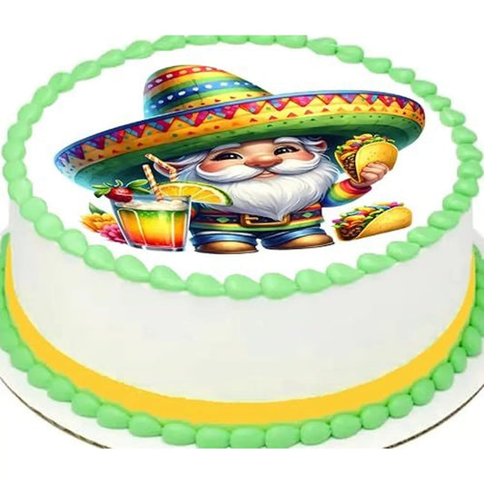 Cinco de Mayo edible icing cake topper with a fiesta gnome in a sombrero, on a cake with green frosting.