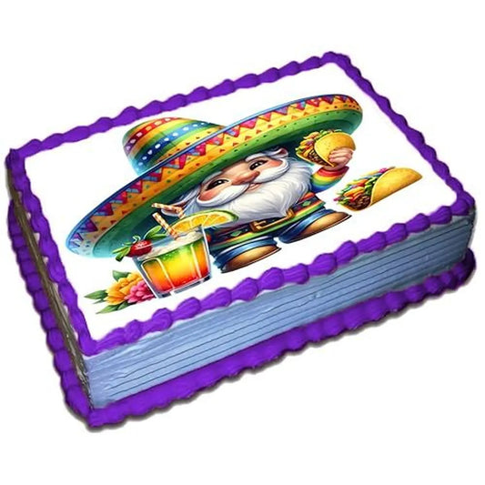 Cinco de Mayo edible icing cake topper with a fiesta gnome in a sombrero, on a purple frosted sheet cake.