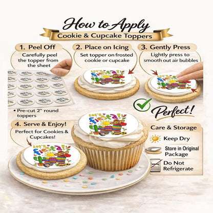 Instructions for applying edible icing cookie and cupcake toppers with Let's Fiesta lettering and a piñata.