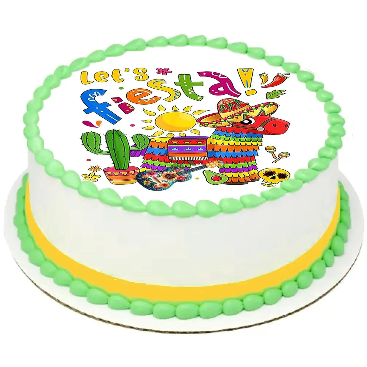 Cinco de Mayo edible icing cake topper with Let's Fiesta lettering and a piñata, on a cake with green frosting.
