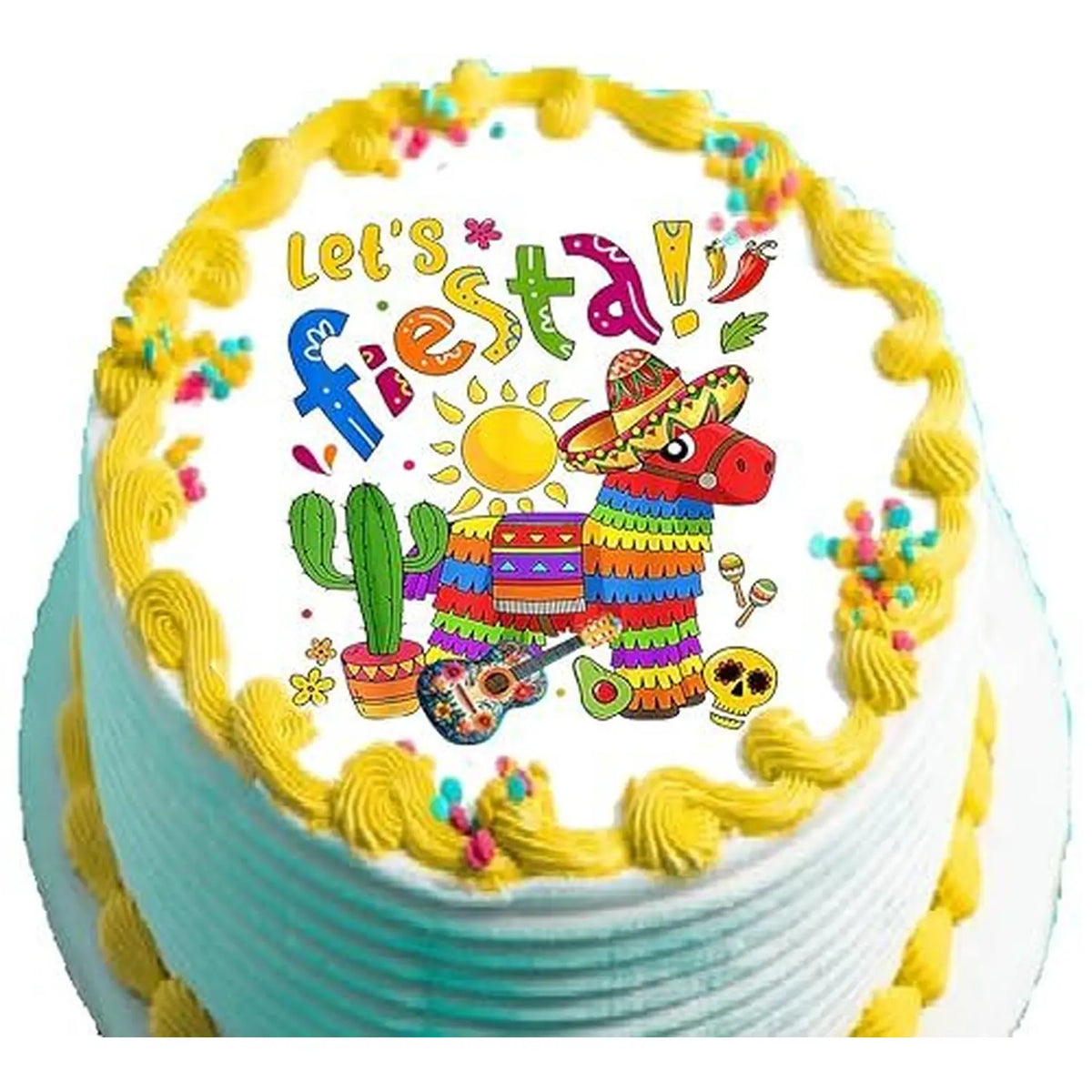 Cinco de Mayo edible icing cake topper with Let's Fiesta lettering and a piñata, on a yellow frosted cake.