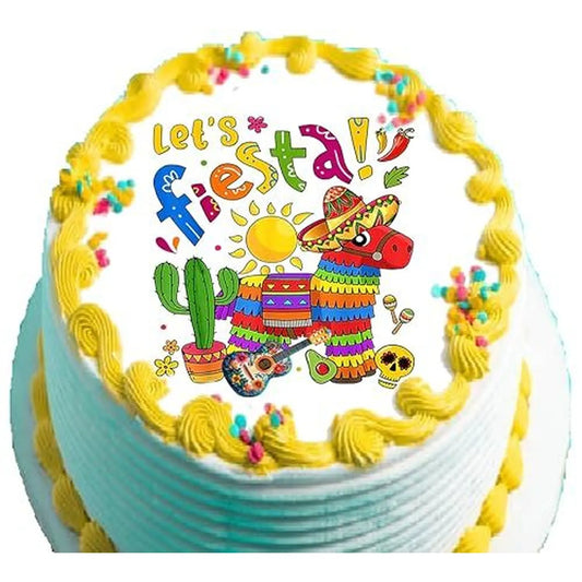 Cinco de Mayo edible icing cake topper with Let's Fiesta lettering and a piñata, on a yellow frosted cake.