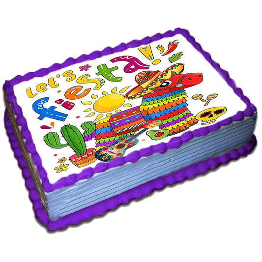 Cinco de Mayo edible icing cake topper with Let's Fiesta lettering and a piñata, on a purple frosted sheet cake.