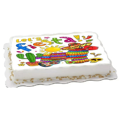 Cinco de Mayo edible icing cake topper with Let's Fiesta lettering and a piñata, on a white sheet cake.