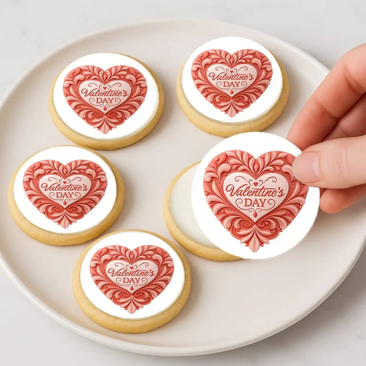 Classic Valentine Heart Valentine's Day Edible Cookie & Cupcake Toppers – 20 Precut, on decorated cookies.