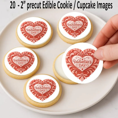 Classic Valentine Heart Valentine's Day Edible Cookie & Cupcake Toppers – 20 Precut, precut toppers shown on cookies.