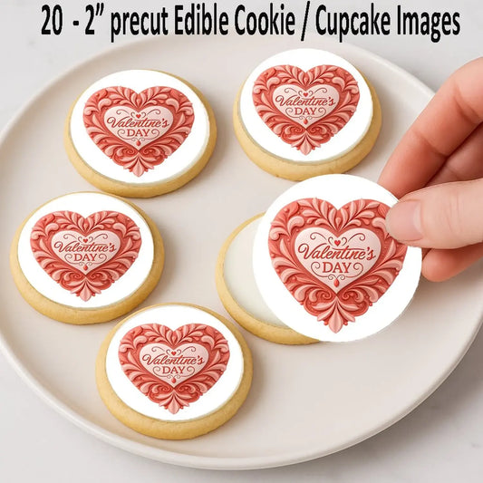 Classic Valentine Heart Valentine's Day Edible Cookie & Cupcake Toppers – 20 Precut, precut toppers shown on cookies.