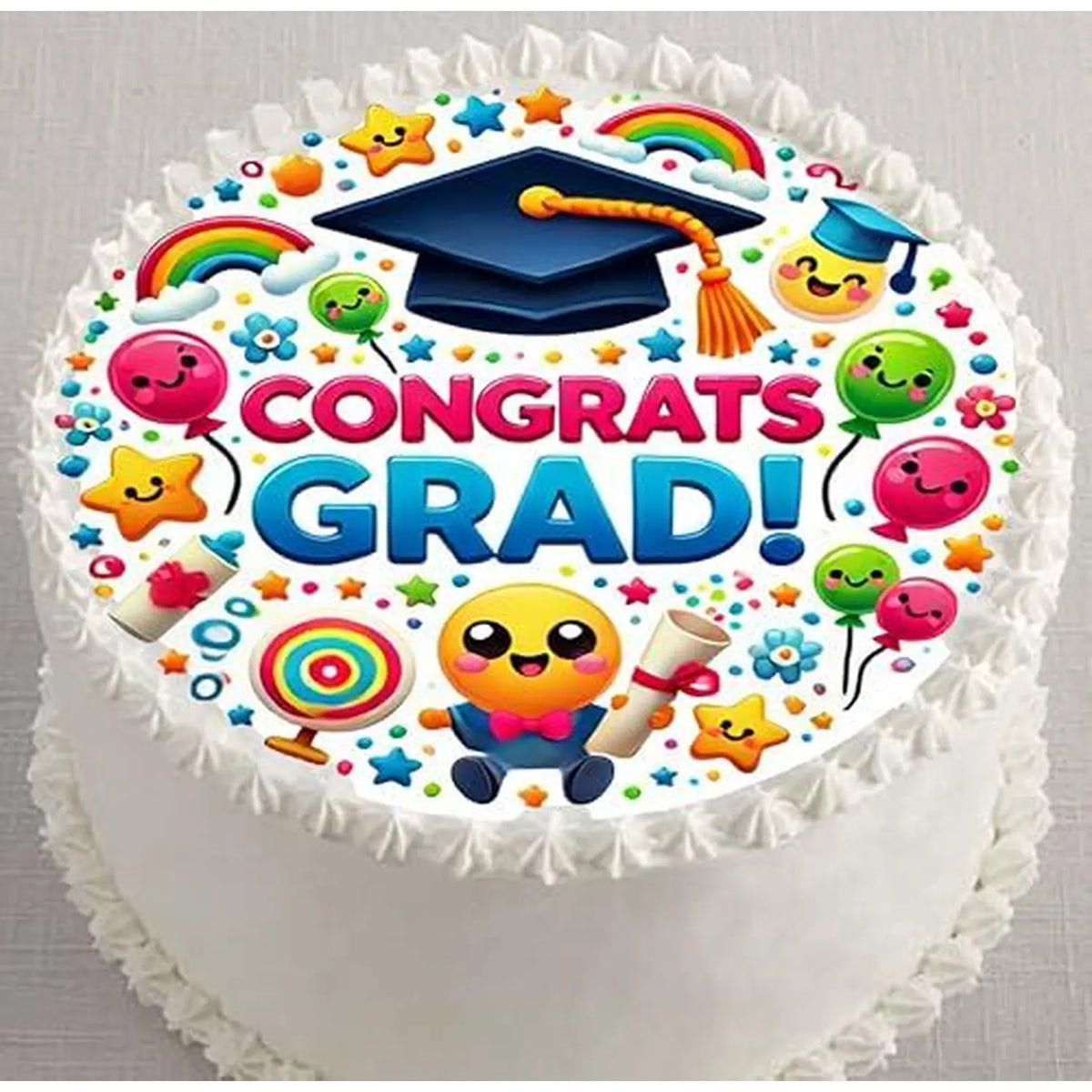 Congrats Grad Edible Icing Cake Topper – 8-Inch Round on a round cake viewed from above.