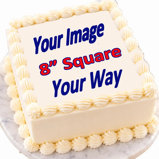 Custom 8-inch square photo edible icing cake topper on a decorated cake