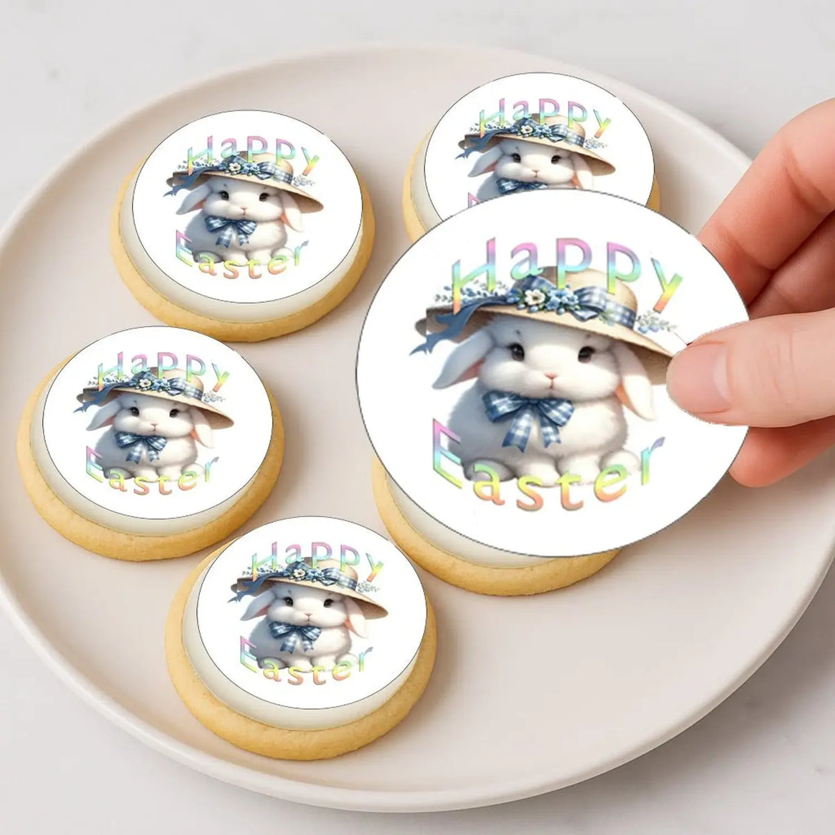 Easter Bunny in Hat Edible Cookie & Cupcake Toppers – 20 Precut on decorated cookies.