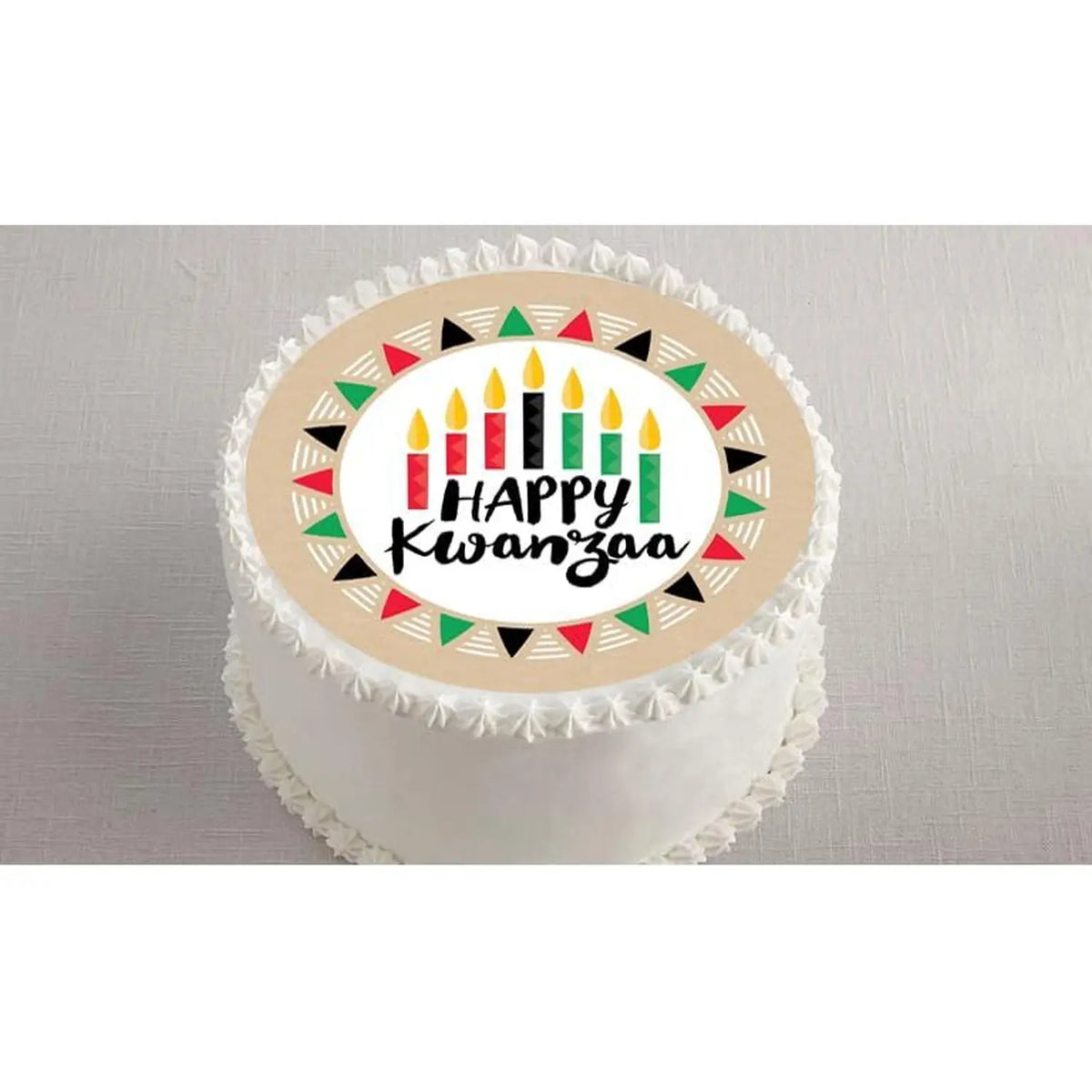 Kwanzaa Celebration Edible Icing Cake Topper – 8-Inch Round on a round frosted cake viewed from above.