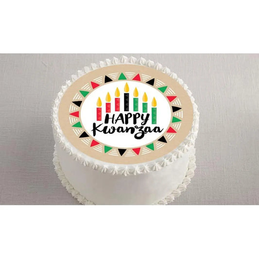 Kwanzaa Celebration Edible Icing Cake Topper – 8-Inch Round on a round frosted cake viewed from above.