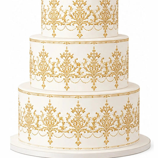 Classic Wedding Gold Seamless Edible Icing Cake Wrap on a tiered cake.