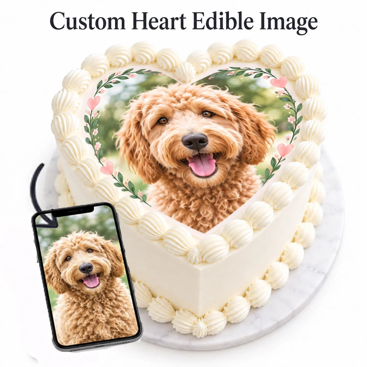 Smartphone photo transformation preview to custom heart edible icing sheet cake topper