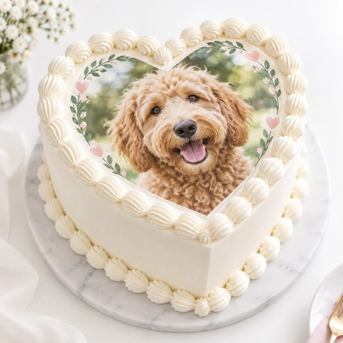 Custom precut heart photo edible cake topper featuring cute dog picture on piped buttercream cake