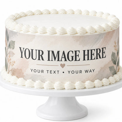 Custom photo edible icing image cake wrap strips featuring personalized picture on a round cake
