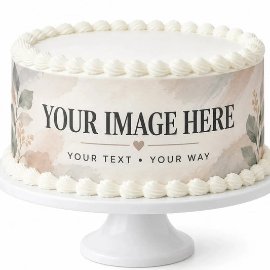 Custom photo edible cake wrap made from precut icing strips around a round cake