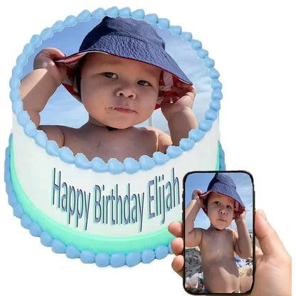 Custom photo edible icing image displayed on a decorated sheet cake