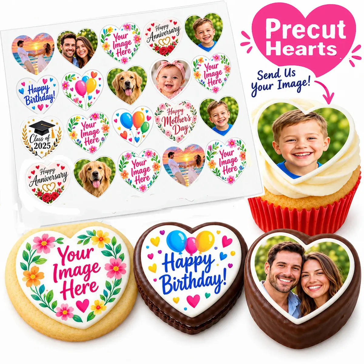 Custom photo heart edible icing sheet with 20 precut heart toppers displayed next to decorated cupcakes, cookies, and chocolate-covered Oreos.