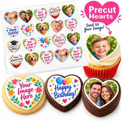 Custom photo heart edible icing sheet with 20 precut heart toppers displayed next to decorated cupcakes, cookies, and chocolate-covered Oreos.