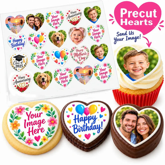 Twenty precut heart-shaped photo edible icing toppers with decorated cookies and cupcakes