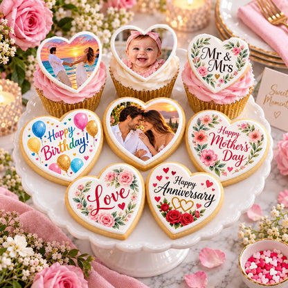 Dessert pedestal with frosted cupcakes and heart sugar cookies using custom photo edible icing toppers